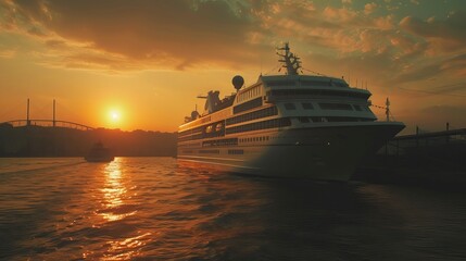 Luxury cruise ship sailing to sea on sunrise 