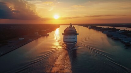 Fototapeta na wymiar Luxury cruise ship sailing to sea on sunrise 