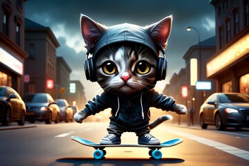 teenage cat wearing headphones rides a skateboard on the street