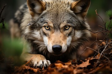 Iberian wolf exploring dense forest., generative IA