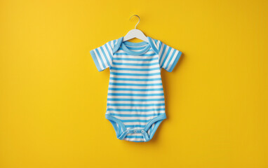 Children's overalls with blue stripes on a hanger on a yellow background. Place for an inscription.