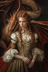 Obraz premium An illustration of a redhead girl in a medieval dress standing next to a dragon. The cover for a fantasy genre book.
