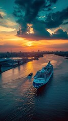 Luxury cruise ship sailing to sea on sunrise 