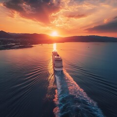 Fototapeta premium Luxury cruise ship sailing to sea on sunrise 