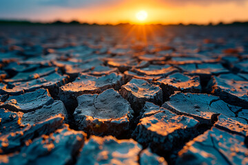 Sunset Over Cracked Earth in drought - obrazy, fototapety, plakaty