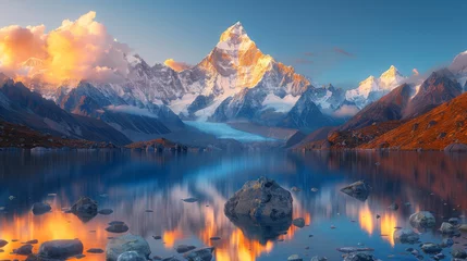 Photo sur Aluminium Bleu Jeans Beautiful landscape with high mountains with illuminated peaks, stones in mountain lake, reflection, blue sky and yellow sunlight in sunrise. Nepal. Amazing scene with Himalayan mountains. Himalayas.
