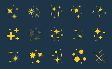 Yellow sparkles star symbols. Stars and magic lights sparkles set. Magic shine effect, starburst collection