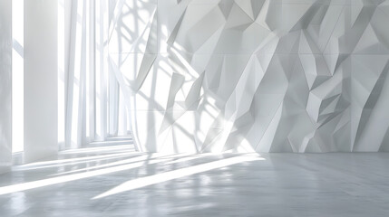 Geometric Chic: An Abstract White 3D Interior with Intricate Polygonal Pattern Enhancing Wall Design