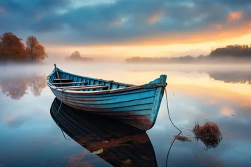 Foto op Canvas Old wooden boat in a foggy river in autumn. Generated by artificial intelligence © Vovmar