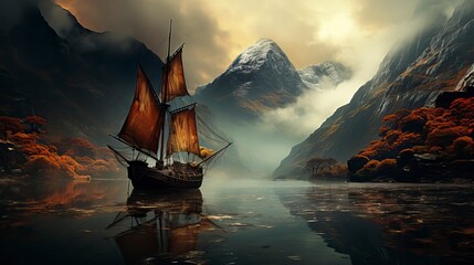 A picture of a sailboat on a misty dawn lake. Beautiful landscape - obrazy, fototapety, plakaty
