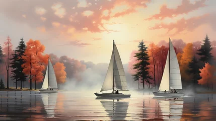 Foto op Plexiglas A picture of a sailboat on a misty dawn lake. Beautiful landscape © CREATIVE STOCK