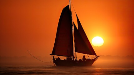 A picture of a sailboat on a misty dawn lake. Beautiful landscape