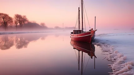 Foto op Aluminium A picture of a sailboat on a misty dawn lake. Beautiful landscape © CREATIVE STOCK