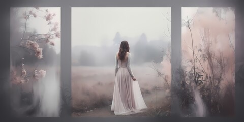 Ethereal layers of misty gray and blush enveloping the frame softly, casting a spell of quiet enchantment. - obrazy, fototapety, plakaty