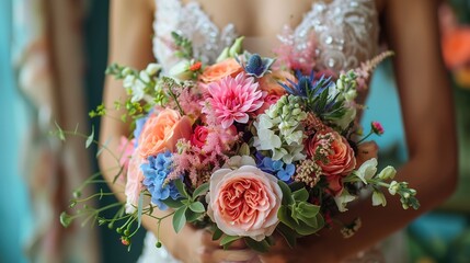 Bride Holding Colorful Bouquet of Wedding Flowers, Floral and Wedding Photography