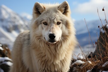 Obraz premium Arctic Wolf sniffing prey in the cold landscape., generative IA