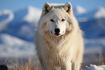 Obraz premium Arctic Wolf sniffing prey in the cold landscape., generative IA