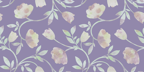 Abstract flowers collected in an ornament, painted in watercolor on a purple background, for design, textiles, wallpaper, packaging.