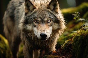 A gray wolf in the middle of the forest., generative IA
