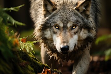 A gray wolf in the middle of the forest., generative IA