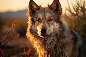 Selbstklebende Fototapeten Mexican wolf in danger under the west sun., generative IA © JONATAS