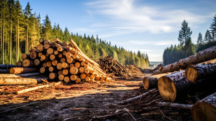 A pile of logs in the forest, logging industry. - obrazy, fototapety, plakaty