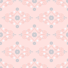 Seamless pattern with white swirls and small flowers on pastel pink background. Abstract geometric pattern.