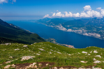 Panoramic view from Monte Baldo on Lake Garda near Malcesine in Italy.