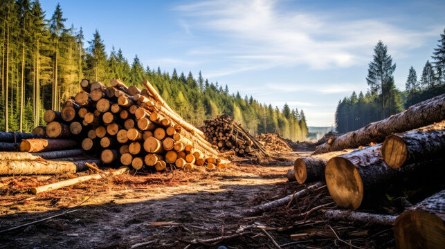 A pile of logs in the forest, logging industry.
