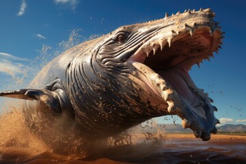Majestic jubart whale jumps into aquatic show., generative IA