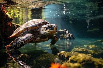 Turtle in Rio surrounded by vegetation., generative IA