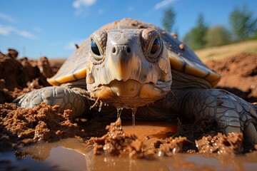 Land turtle excavates shelter in the sand., generative IA - obrazy, fototapety, plakaty