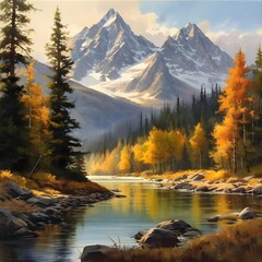 La sérénité d'un automne alpin où les reflets dorés des feuillages contrastent avec la grandeur tranquille des montagnes enneigées. - obrazy, fototapety, plakaty