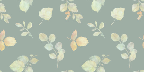 Watercolor design of autumn leaves. Illustration of drawn branches with leaves for design, summer plants seamless background