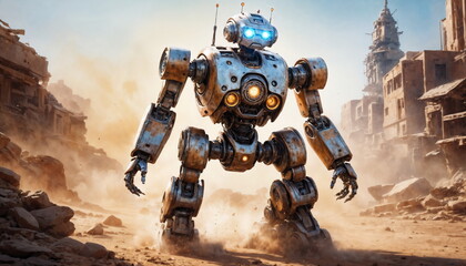 A yellow robot with blue lights strides confidently through the debris of a devastated city landscape under a bright sky