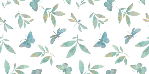 dragonfly butterflies and leaves in a seamless pattern, watercolor illustration, natural ornament, delicate pattern, abstract background, for design - obrazy, fototapety, plakaty