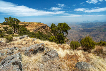 Beautiful Semien or Simien Mountains National Park landscape in Northern Ethiopia near Lalibela and Gondar. Africa wilderness.