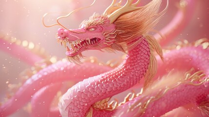 A majestic pink and gold Chinese dragon surrounded by a magical aura