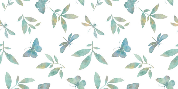 dragonfly butterflies and leaves in a seamless pattern, watercolor illustration, natural ornament, delicate pattern, abstract background, for design