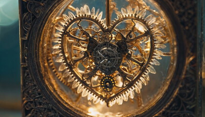 Obraz premium A close-up view of a heart-shaped gear mechanism with a steampunk aesthetic, showcasing detailed metalwork and blue jewels