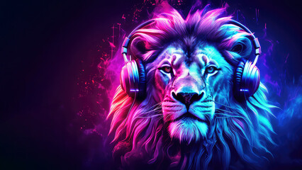 Portrait of lion with headphones on a colorful background. DJ, neon light, background, disco style atmosphere, disco art. Copy space. - obrazy, fototapety, plakaty