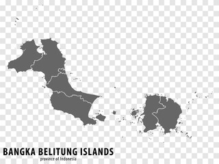 Blank map Bangka Belitung Islands province of Indonesia. High quality map Bangka Belitung Islands with municipalities on transparent background for your design. Republic of Indonesia.  EPS10.