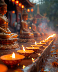 Lamps and candles in front of Buddha statues in a Buddhist temple on the Vesak holiday in honor of the birth, enlightenment and death of Buddha