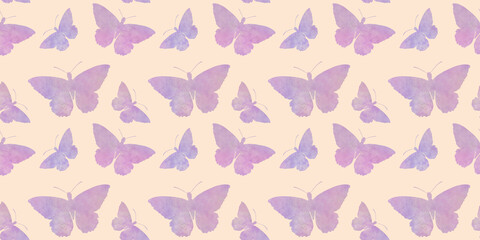 Abstract watercolor pattern, butterflies endless ornament, background for design, seamless pattern of bright flying butterflies, colorful hand drawn illustration for wallpaper, packaging and print