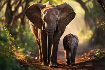Baby elephant follows his mother closely in the savannah., generative IA