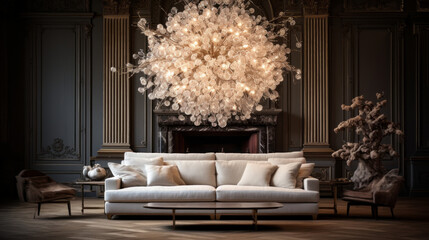 A modern living room illuminated by an ornate statement lighting fixture