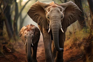 Fotobehang Baby elephant follows his mother closely in the savannah., generative IA © JONATAS