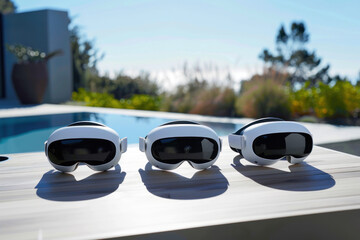 Trio of virtual reality headsets lined up on a wooden deck by a pool, drenched in natural sunlight providing a modern, outdoor technology concept