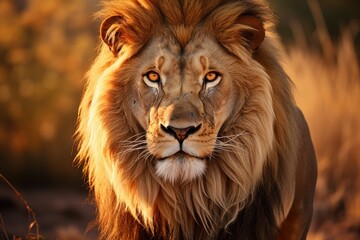 Fototapeta premium Majestic lion protects its territory firmly., generative IA