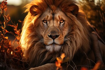 Majestic lion resting under radiant sun in clearing., generative IA